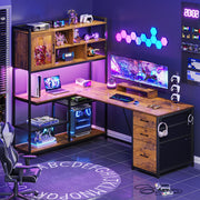 L-Shaped Desk with Bookshelf, Drawers & LED Light