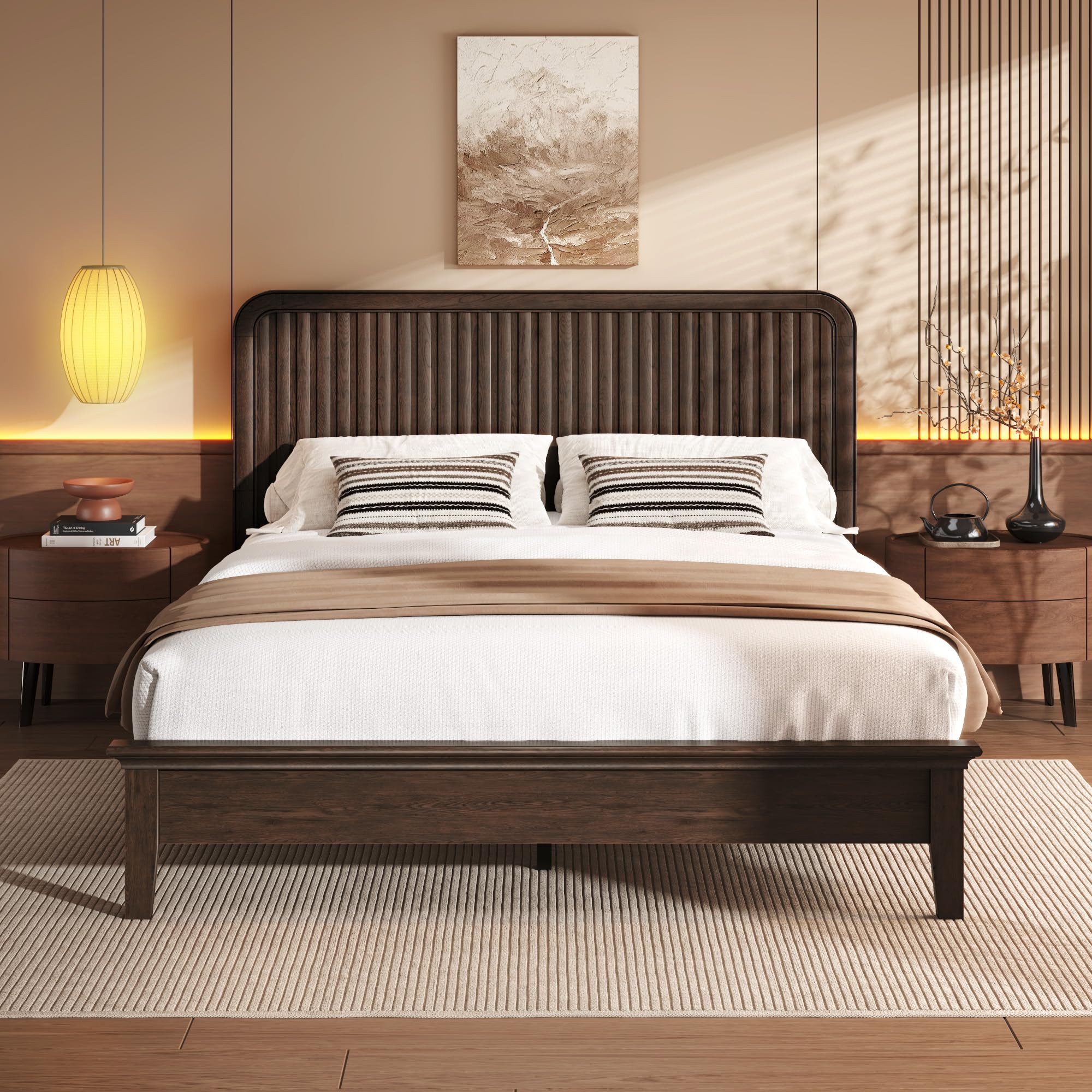 Lifezone Solid Wood Queen Size Bed Frame with Fluted Headboard, Walnut Japanese Bed Frame, Slats Support, Noise-Free, Sturdy Structure, Easy Assembly