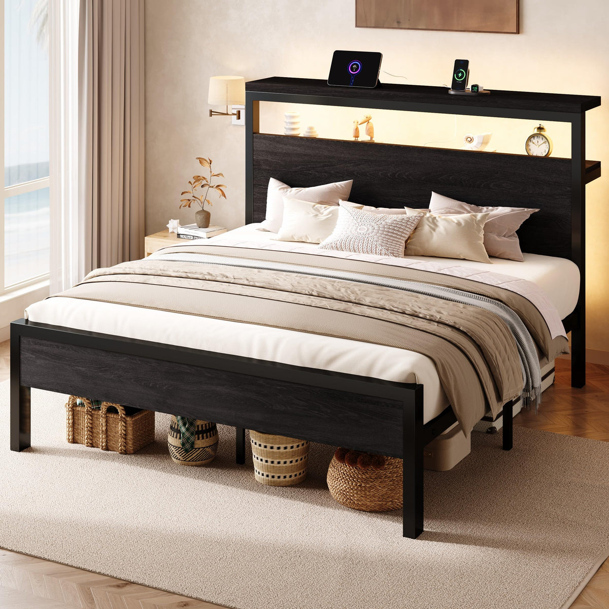 SHA CERLIN Queen Bed Frame, 2-Tier Storage Headboard, LED, Charging Station
