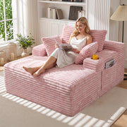 Oversized Chaise Lounge Chair Indoor, Upholstered Boneless Sofa Bed, Corduroy Deep Seat Sleeper Couch Reading Chairs with 1 Cup Holder, 2 Side Pockets & 3 Pillows, No Assembly (Pink, Oversized)
