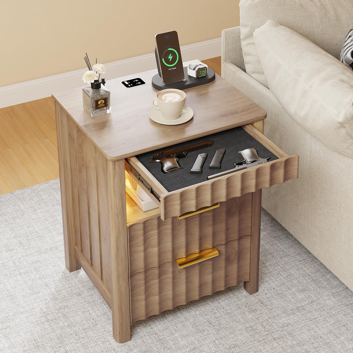 Dystler Nightstand with Charging Station & Gun Drawer for Bedroom, Wood