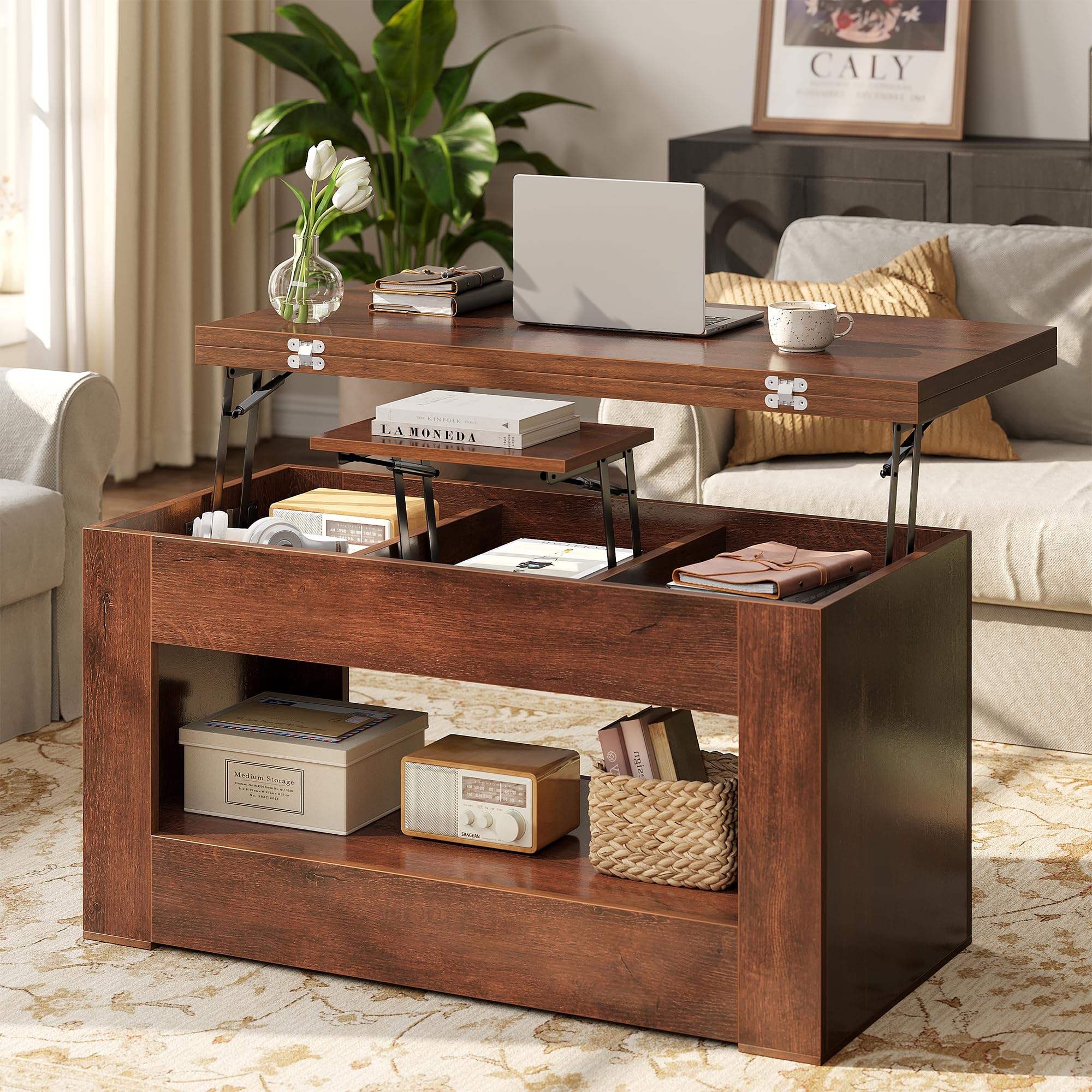 UNIQUITE 40" Lift Top Coffee Table, 4 in 1 Multi-Function Lift Coffee Table with Storage and Hidden Compartment, Convertible Coffee Tables to Dining Table for Living Room, Walnut