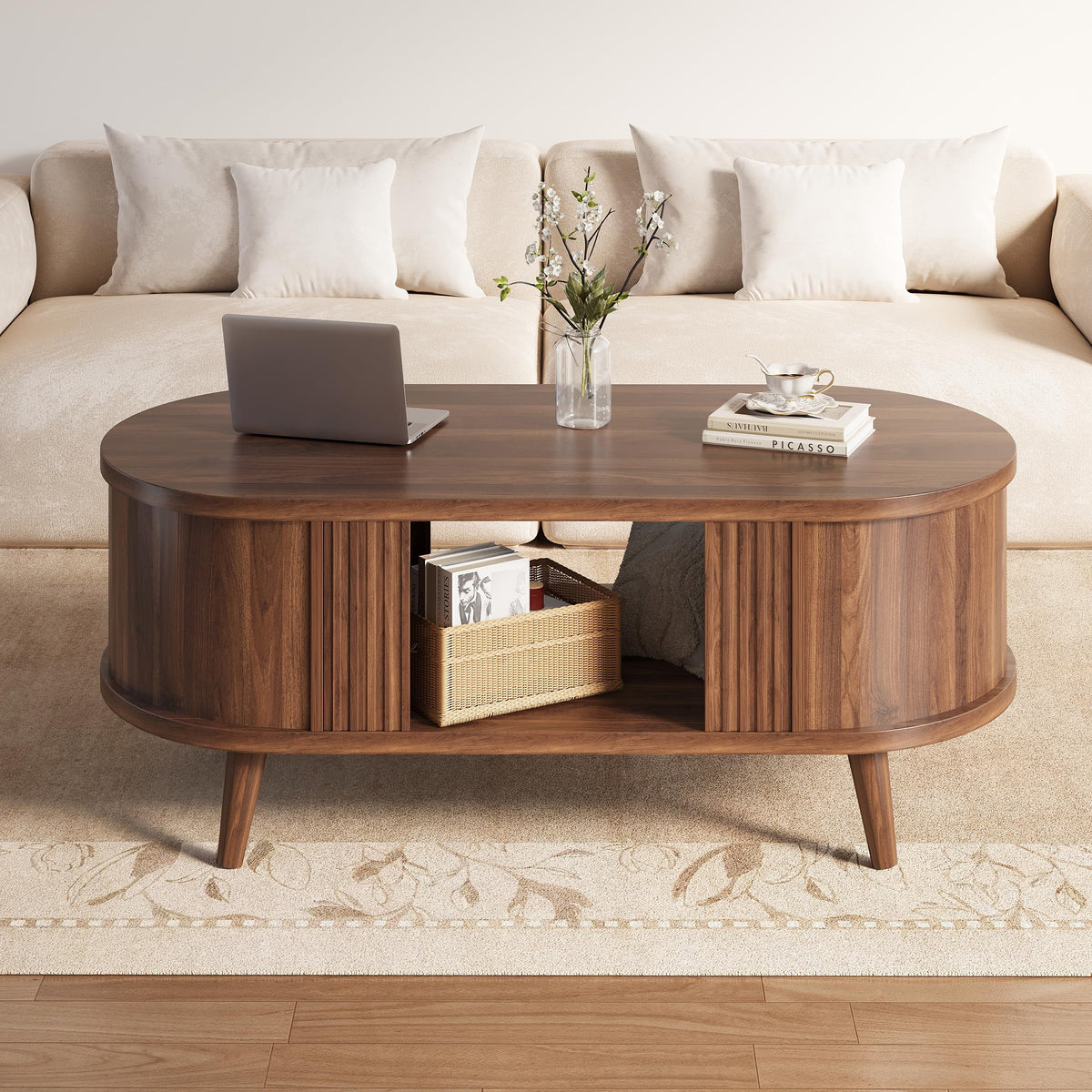 Walnut Oval Fluted Coffee Table