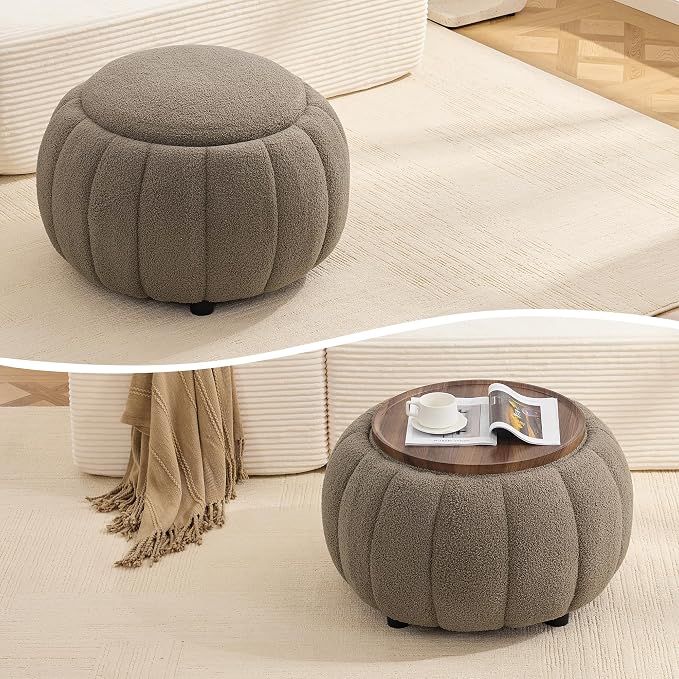 Beige Round Storage Ottoman