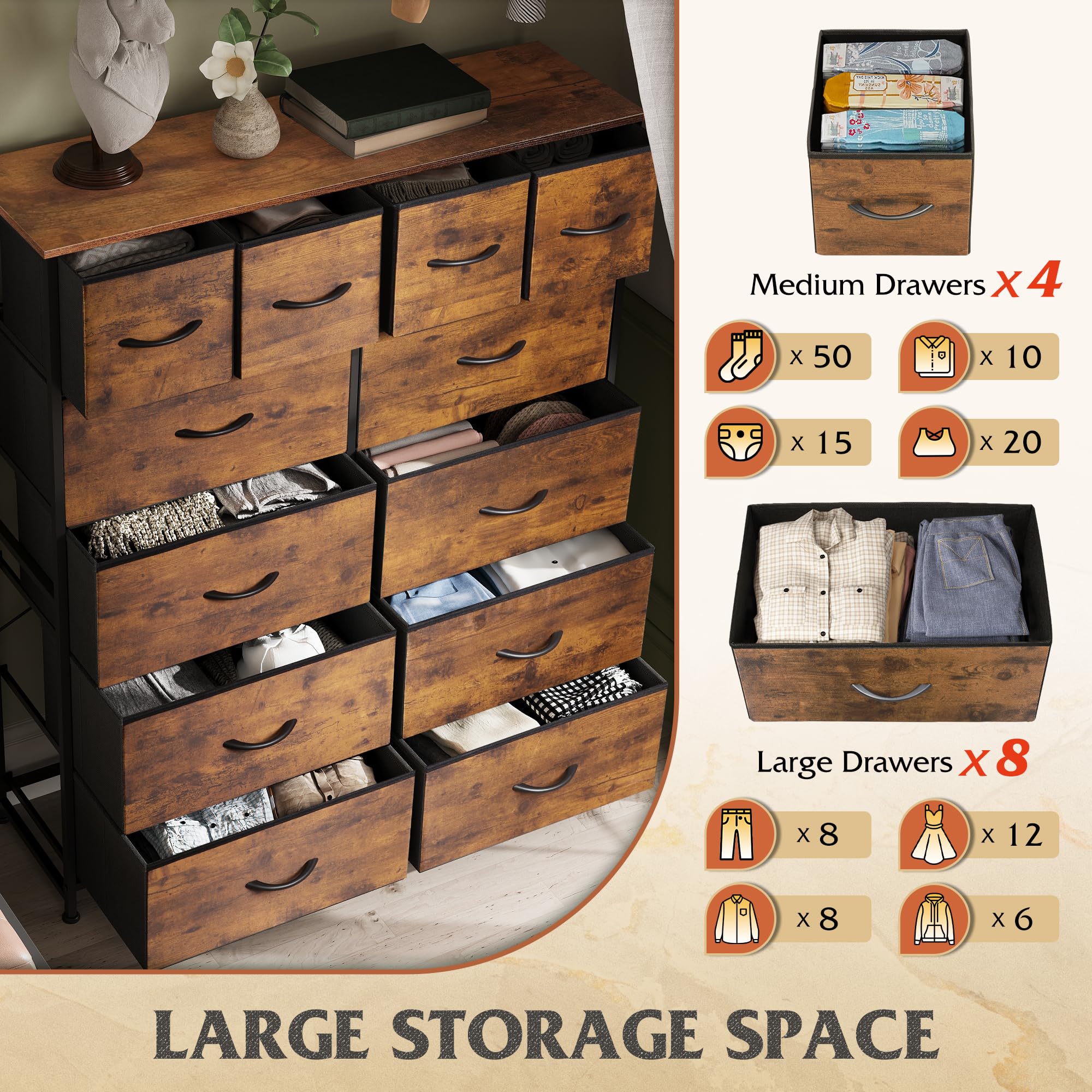 WLIVE Tall Dresser for Bedroom with 12 Drawers, Dressers & Chests of Drawers, Fabric Dressers for Closet, Storage Dresser Organizer with Steel Frame, Wood Top, Rustic Brown Wood Grain Print