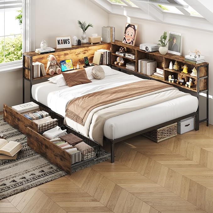 Full Size Corner Bed Frame with Storage, LED Lights & Charging Station