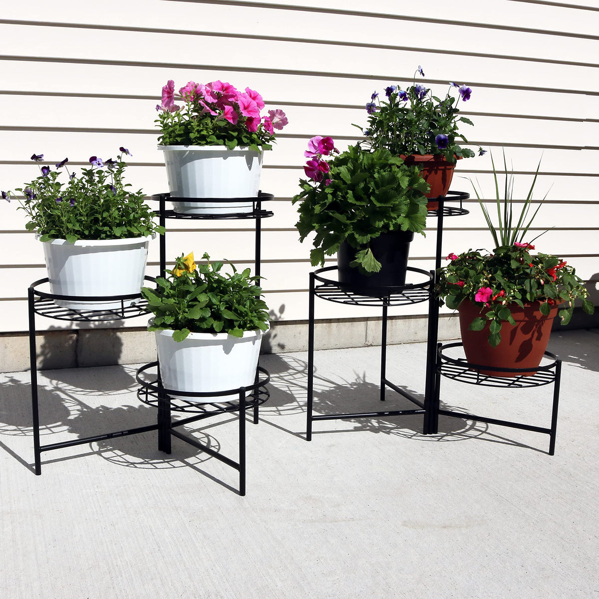 Sunnydaze Folding Metal 3-Tiered Plant Stand for Flowers, Set of 2, Black