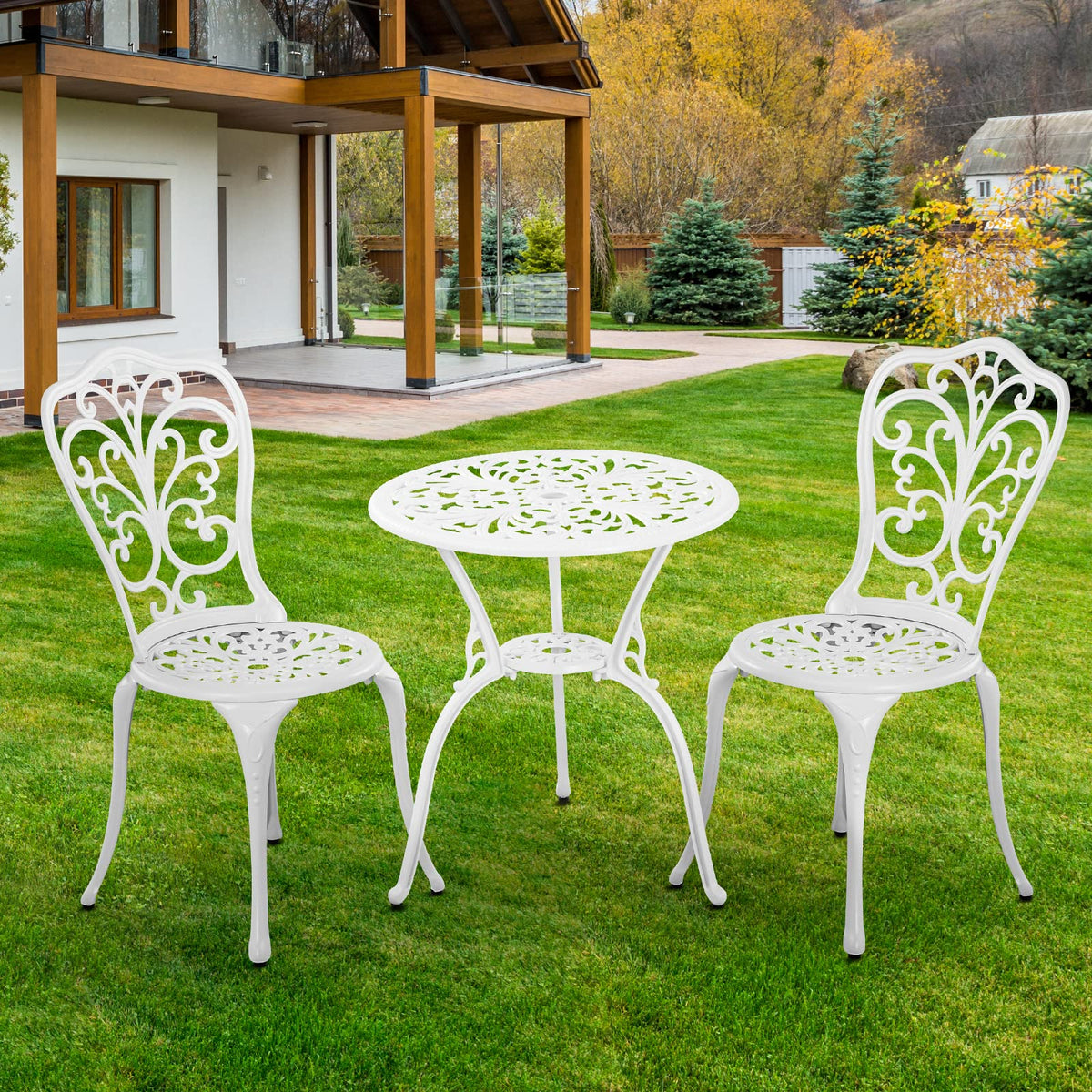 Withniture Bistro Set 3 Piece Outdoor Cast Aluminum Patio Bistro Set with Umbrella Hole, All Weather Bistro Table and Chairs Set, Small Patio Furniture Set for Garden, Porch,White