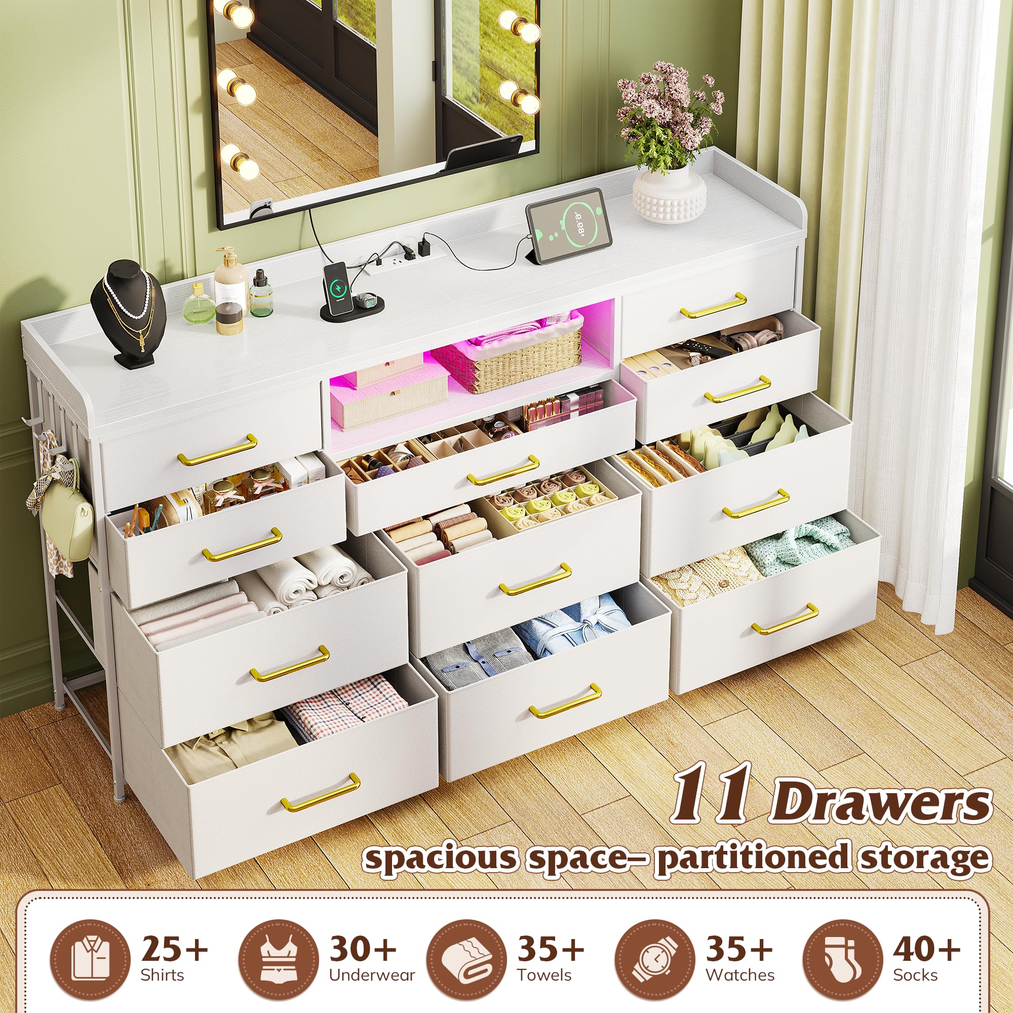 EnHomee Dresser TV Stand with 11 Drawers, 60" TV Stand with LED Lights & Power Outlets, White Dresser for Bedroom with Shelves & 5 Hooks for Dorm, Hallway