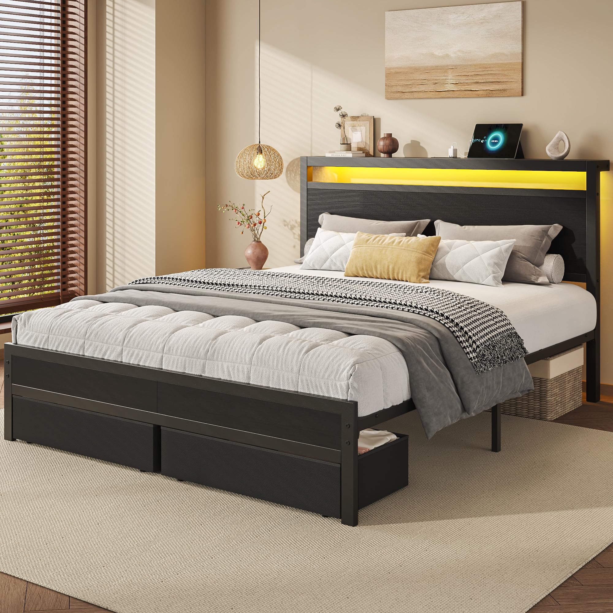 HISOFT Queen Bed Frame with Storage, Wood Headboard with Fast Charging Station, LED Lights, Platform Bed Frame Queen Size, Fabric Drawers with Wheels, No Box Spring Needed, Noise Free, Black