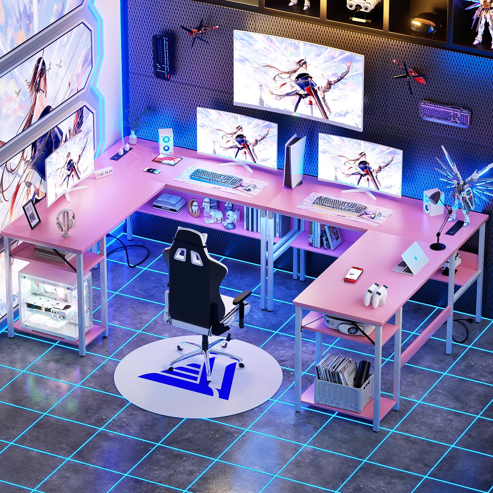 Unikito Reversible L Shaped Desk with Magic Power Outlets and USB Charging Ports, Sturdy Corner Computer Desk with Storage Shelves, Gaming Table Home Office Desk, Easy to Assemble, Pink