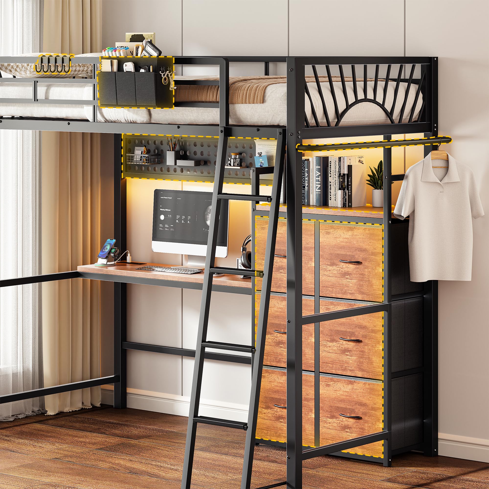 Twin Loft Bed with Desk & 6 Storage Drawers