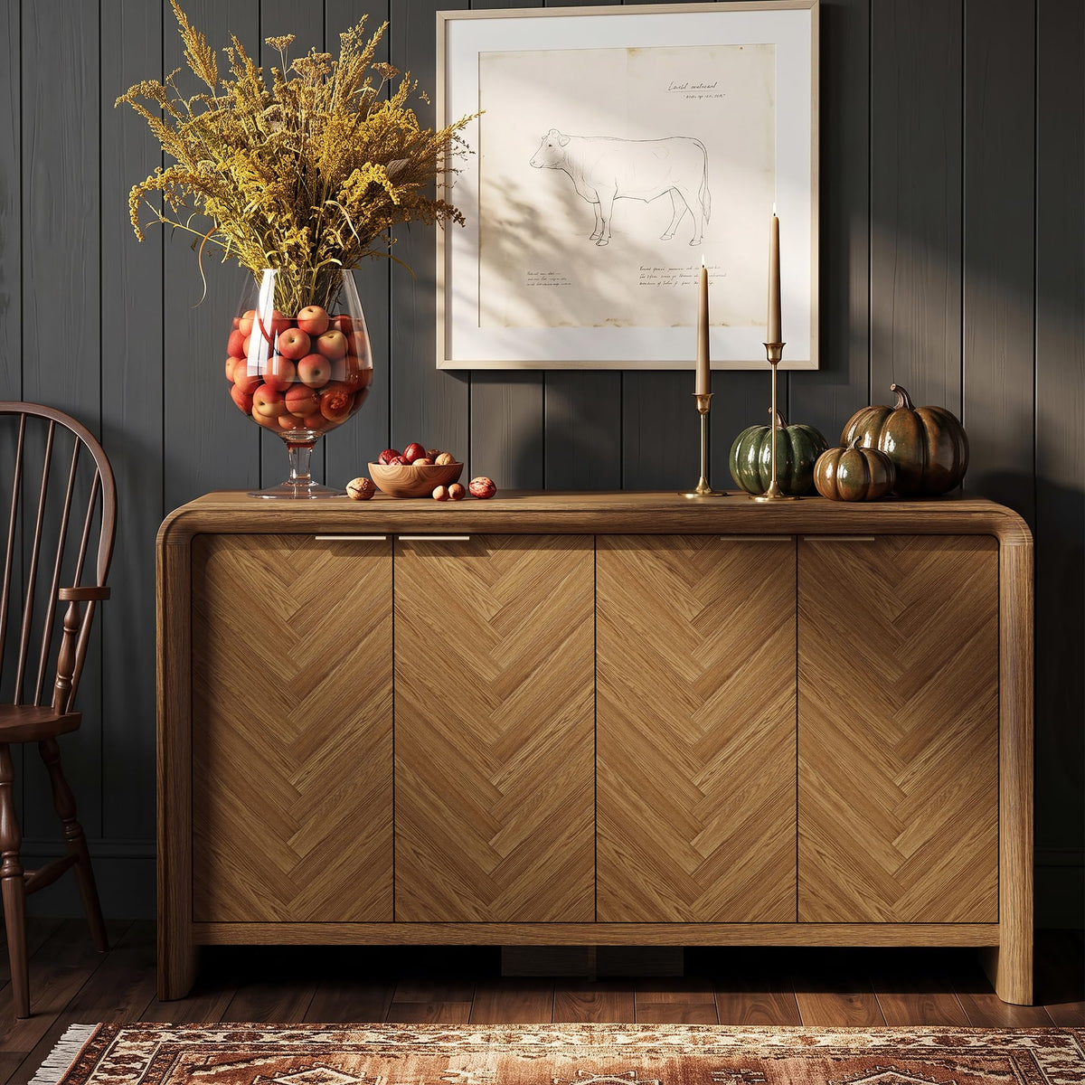 55" Buffet Cabinet with Storage, Herringbone Sideboard Cabinet, Walnut