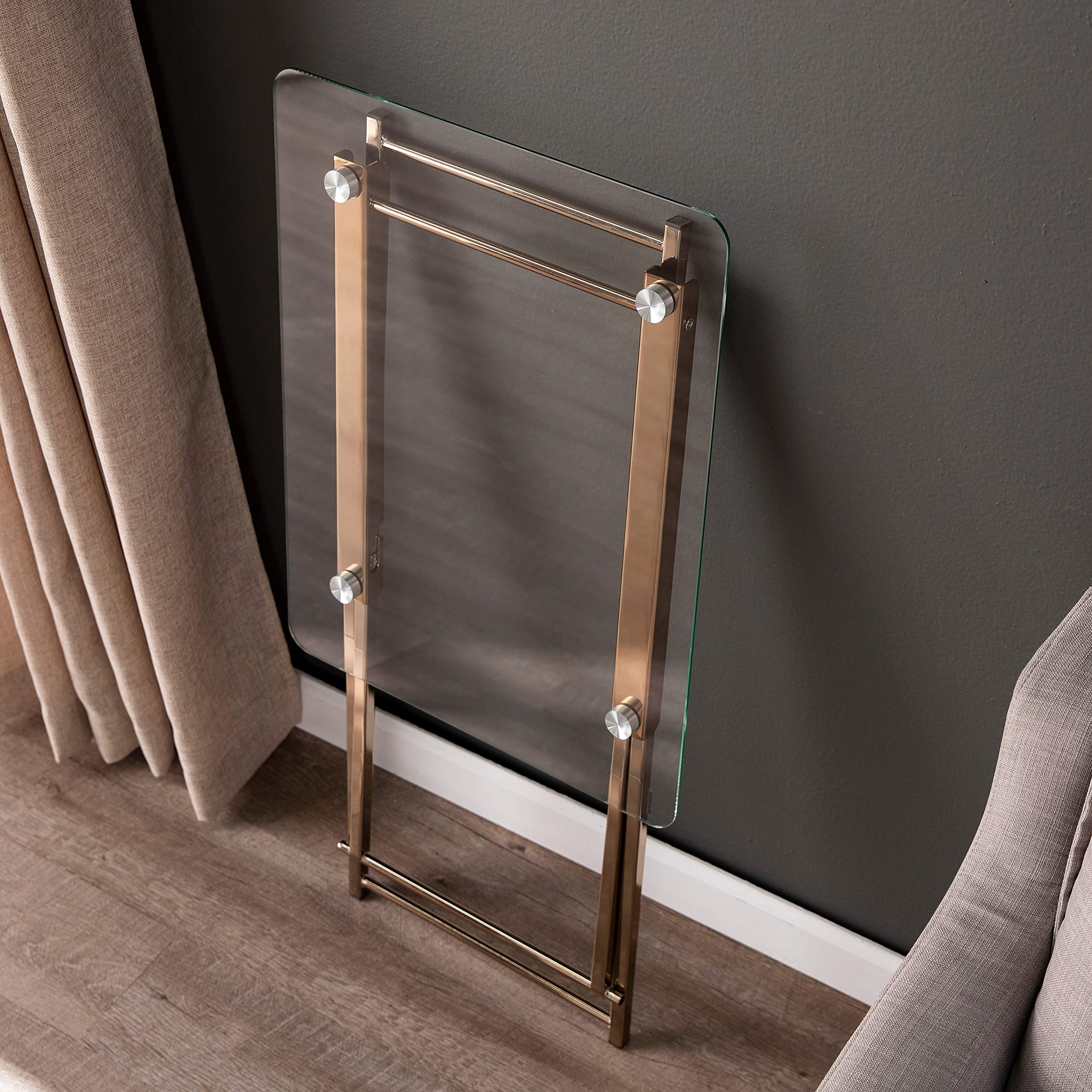 Folding Tray Table Gold Glam Rectangle Glass Iron Metal Champagne Finish Goldtone Metallic Includes Hardware Shelf Storage