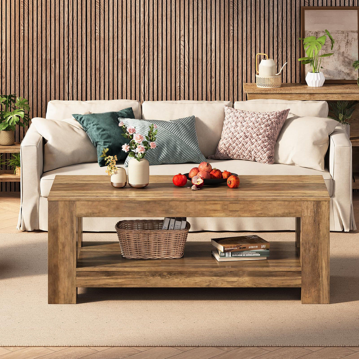 Tohomeor Wood Coffee Table for Living Room, 47.24 Inch Farmhouse Coffee Table with Storage, 2-Tier Accent Center Table with for Home Office Apartment, Retro Brown