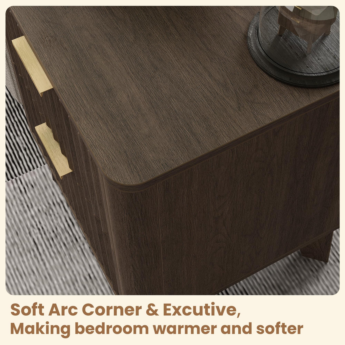 TROJM Fluted Nightstand Set of 2 with Curved Edge Design,Walnut