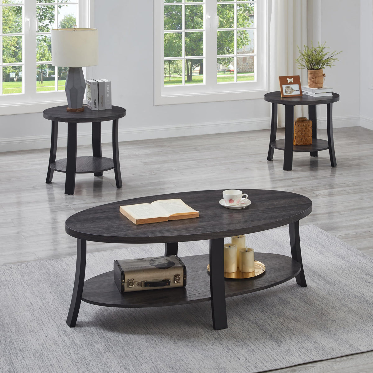 Roundhill Furniture Anze Contemporary Oval Wood Shelf 3-Piece Coffee Table Set in Charcoal Finish