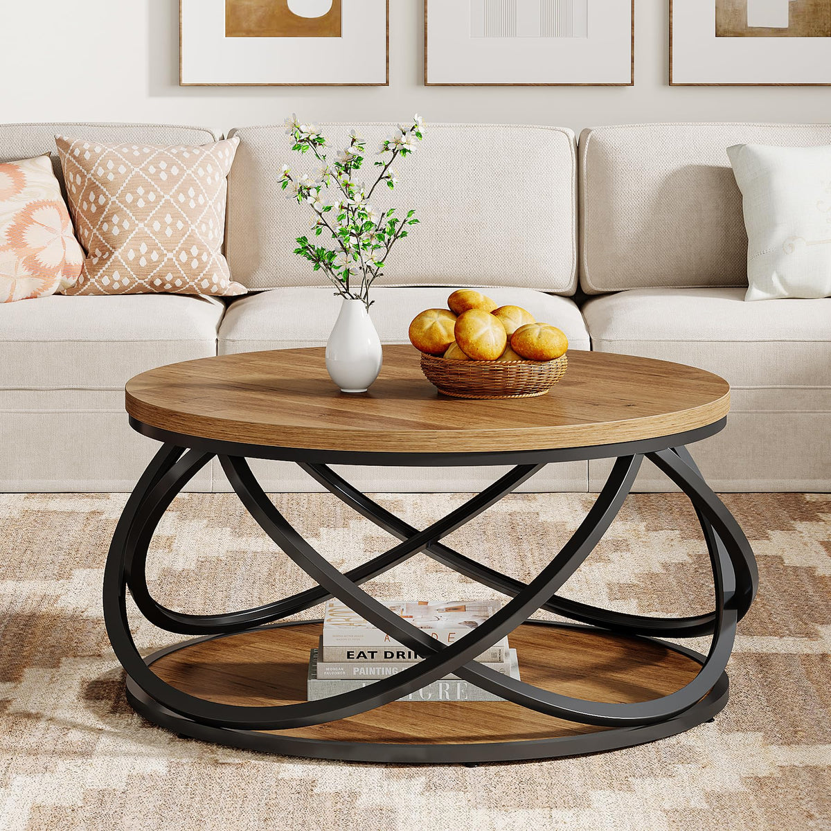 Round Coffee Table with Storage Shelf