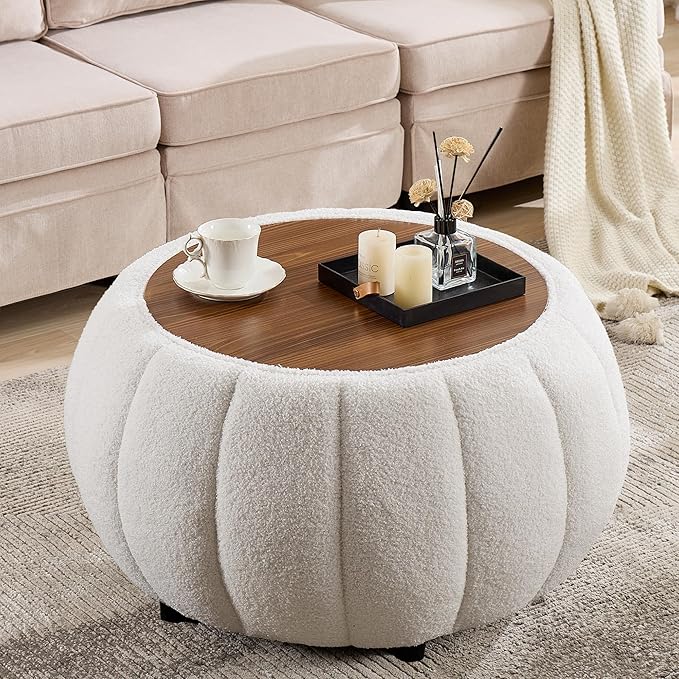Round Storage Ottoman with Wooden Top