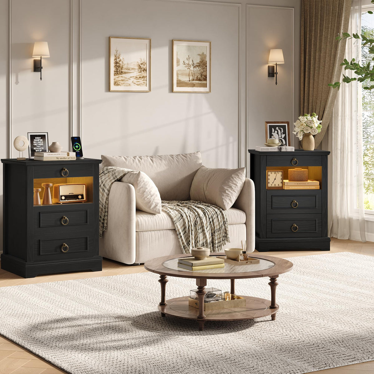 Black LED Nightstand Set of 2 with Charging Station