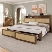 Belffin King Size Rattan Bed Frame with 2 Storage Drawers, Wood Bed, Brown