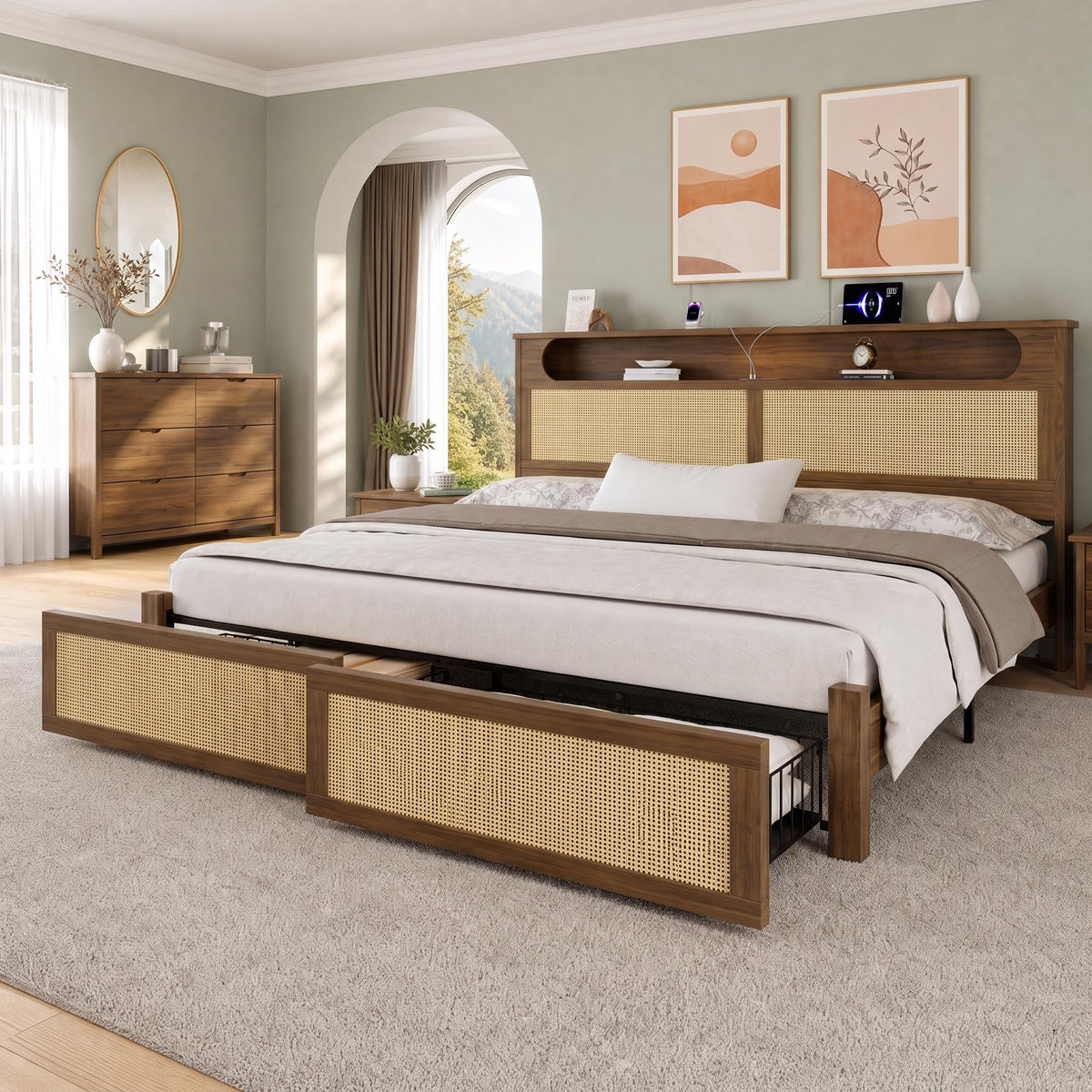 Belffin King Size Rattan Bed Frame with 2 Storage Drawers, Wood Bed, Brown