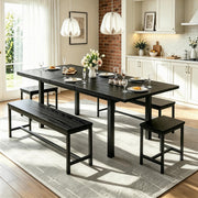 GarveeHome 5 PCs Dining Table Set for 6-8 People, 63 in Extendable Kitchen Table Set with 2 Benches and 2 Square Stools, Modern Dining Room Furniture Sets, Easy Assembly, Black