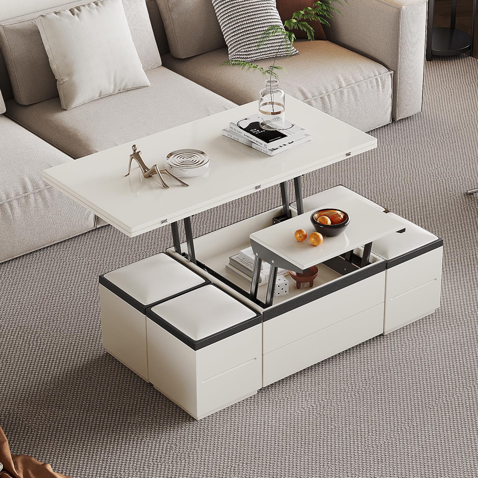 Guyii 47" Lift Up Coffee Table with Storage Stools White Cofee Tables 3 in 1 Living Room Table with Wheels for Living Room Apartment Saving Space