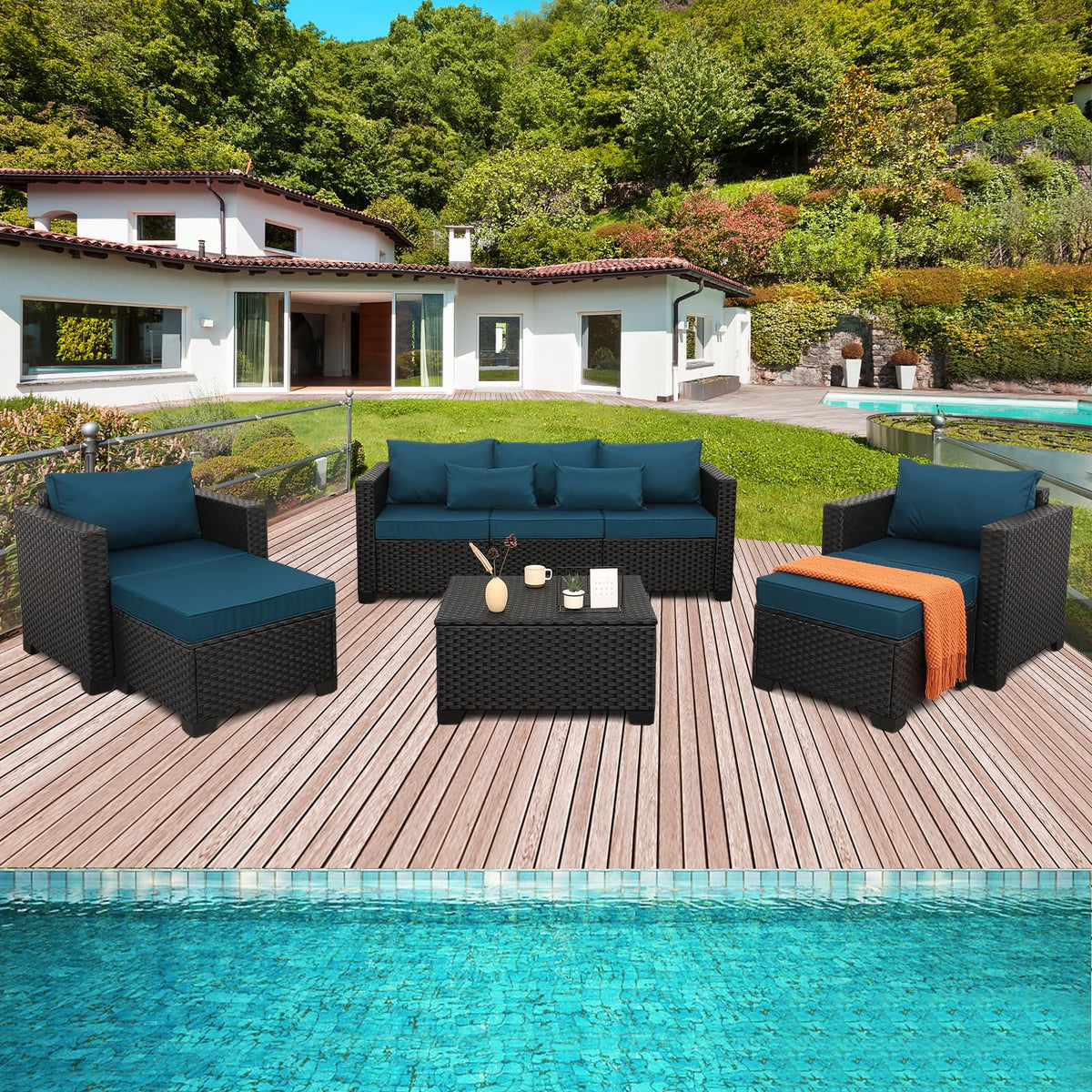 Rattaner Patio Furniture Set 6 Pieces Couch Outdoor Furniture Sofa Set Storage Table Hight Backrest Anti-Slip Cushions and Waterproof Covers, Peacock Blue