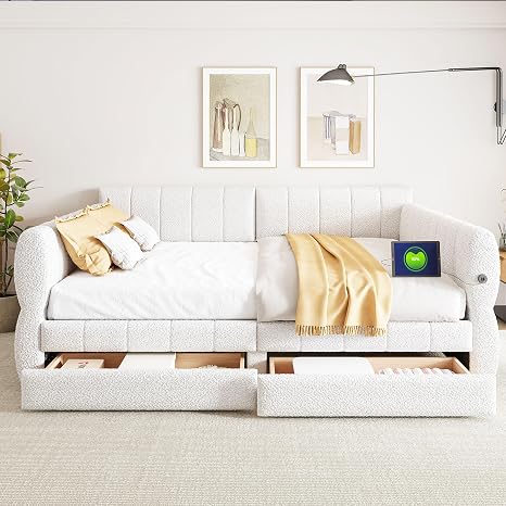 Queen Size Sherpa Upholstered Platform Bed with USB Ports & Storage Drawers
