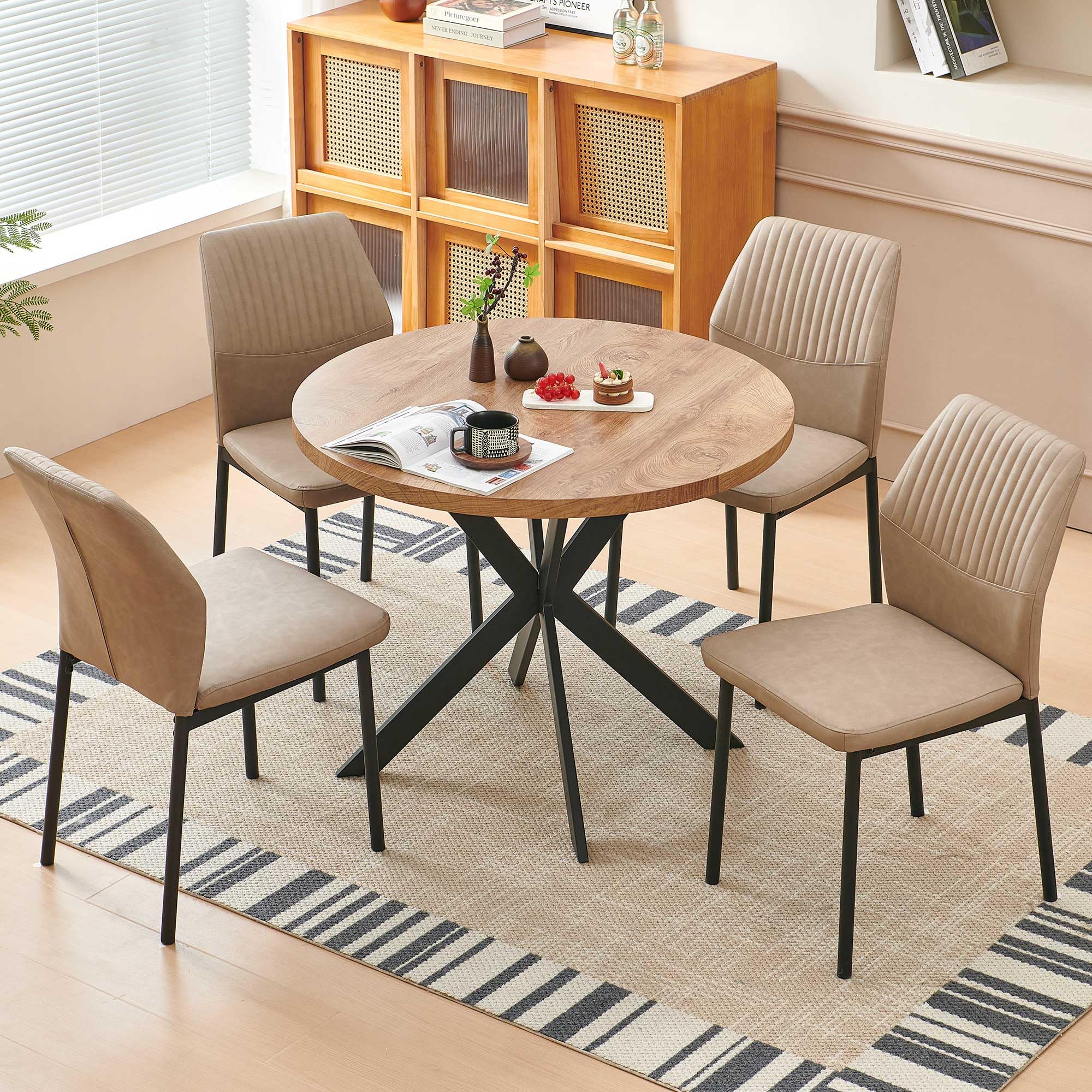 5-Piece Round Dining Set with Faux Leather Chairs