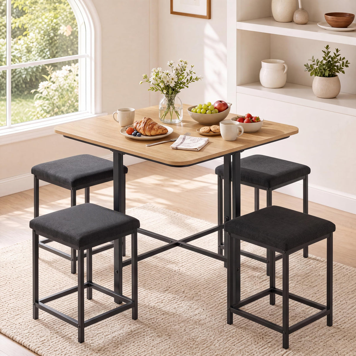 COSTWAY Dining Table Set for 4, Kitchen Table with Stools (Natural & Black)