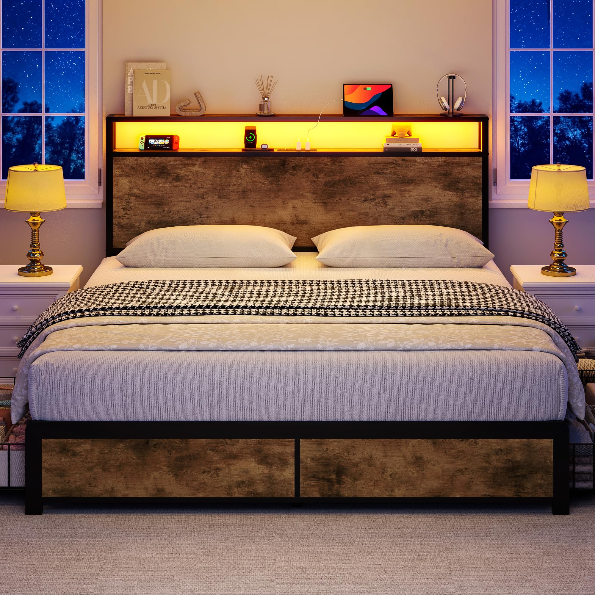Lifezone Queen Bed Frame with 2-Tier Storage Headboard, Metal Platform Bed Frame with 4 Storage Drawers, Built in Charging Station & LED, Noise-Free/Metal Support/No Box Spring Needed,Rustic Brown