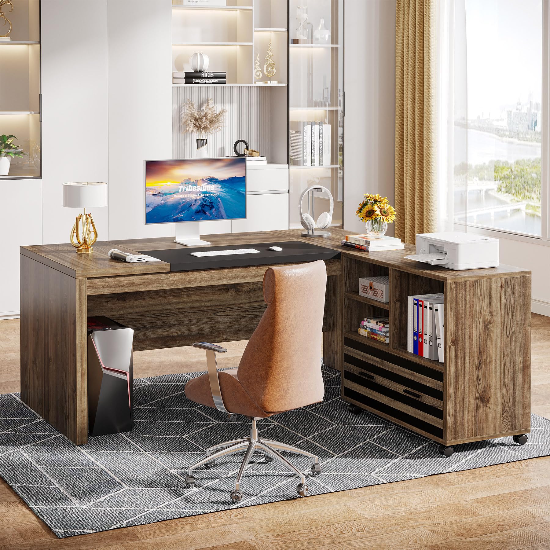 L-Shaped Executive Desk with Mobile File Cabinet