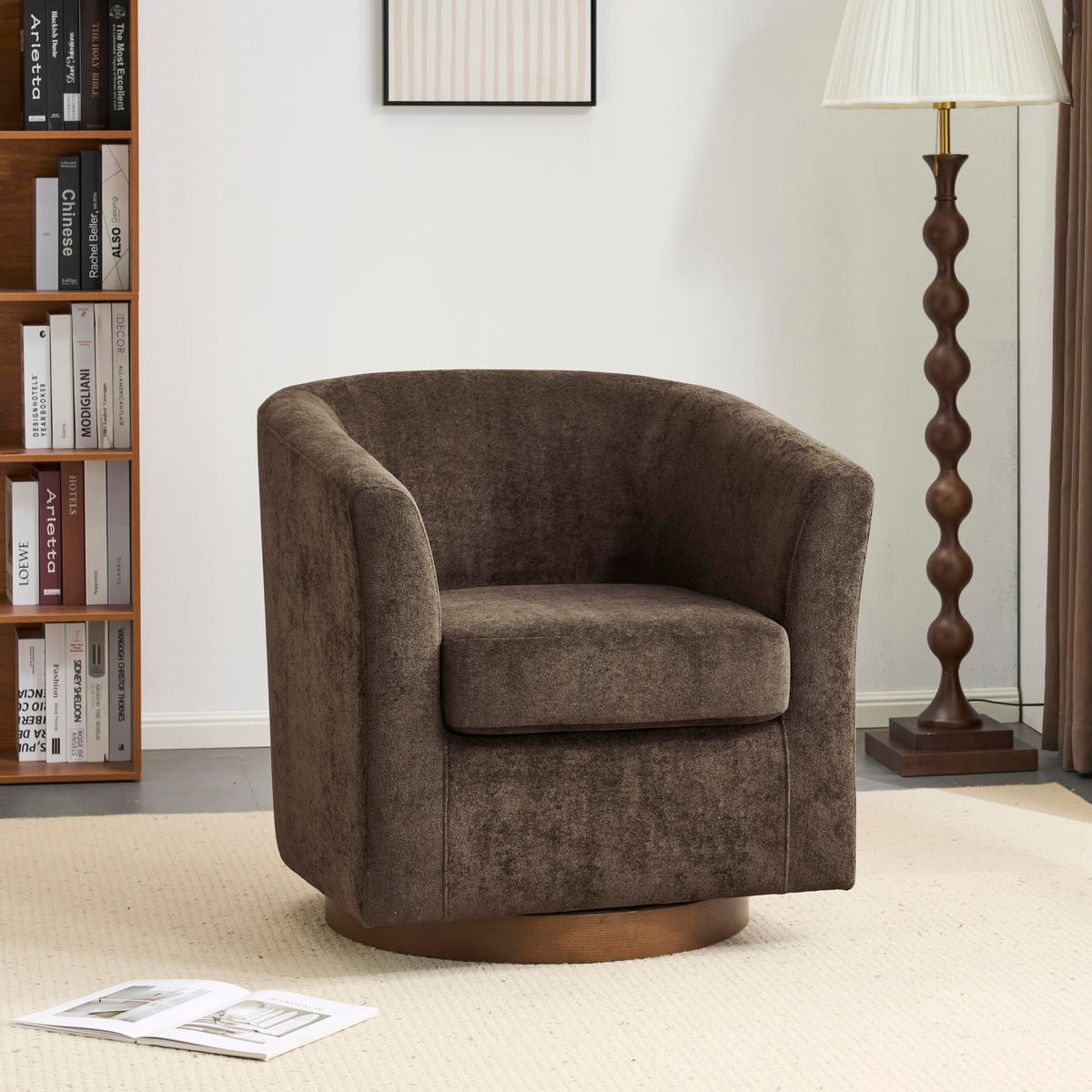 Brown Velvet Swivel Barrel Chair