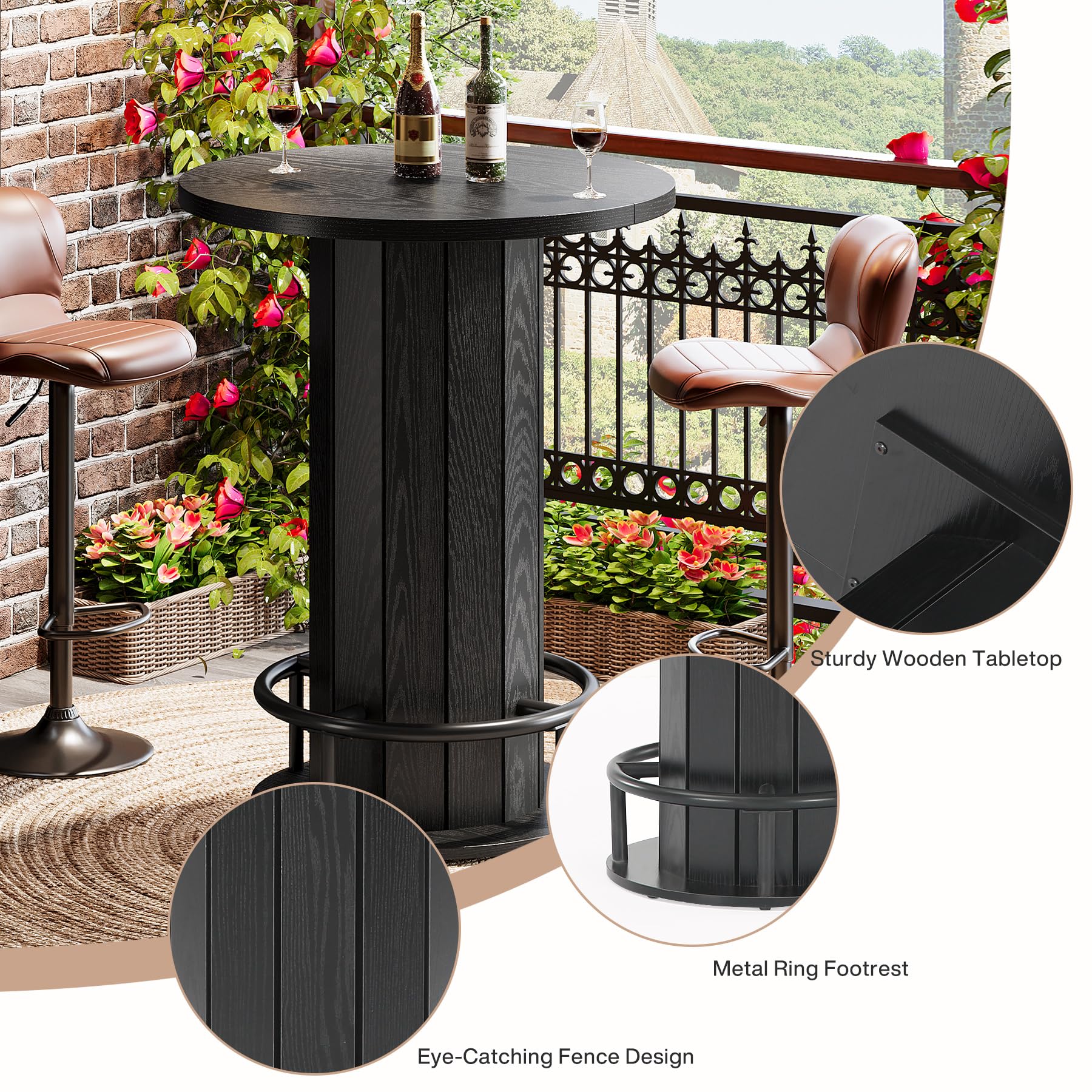 Farmhouse Round Bar Table with Metal Ring Footrest