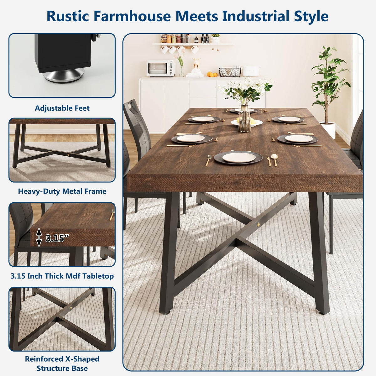 St.Mandyu 7 Pcs 71 inch Farmhouse Dining Table with Chairs Set for 6,Brown