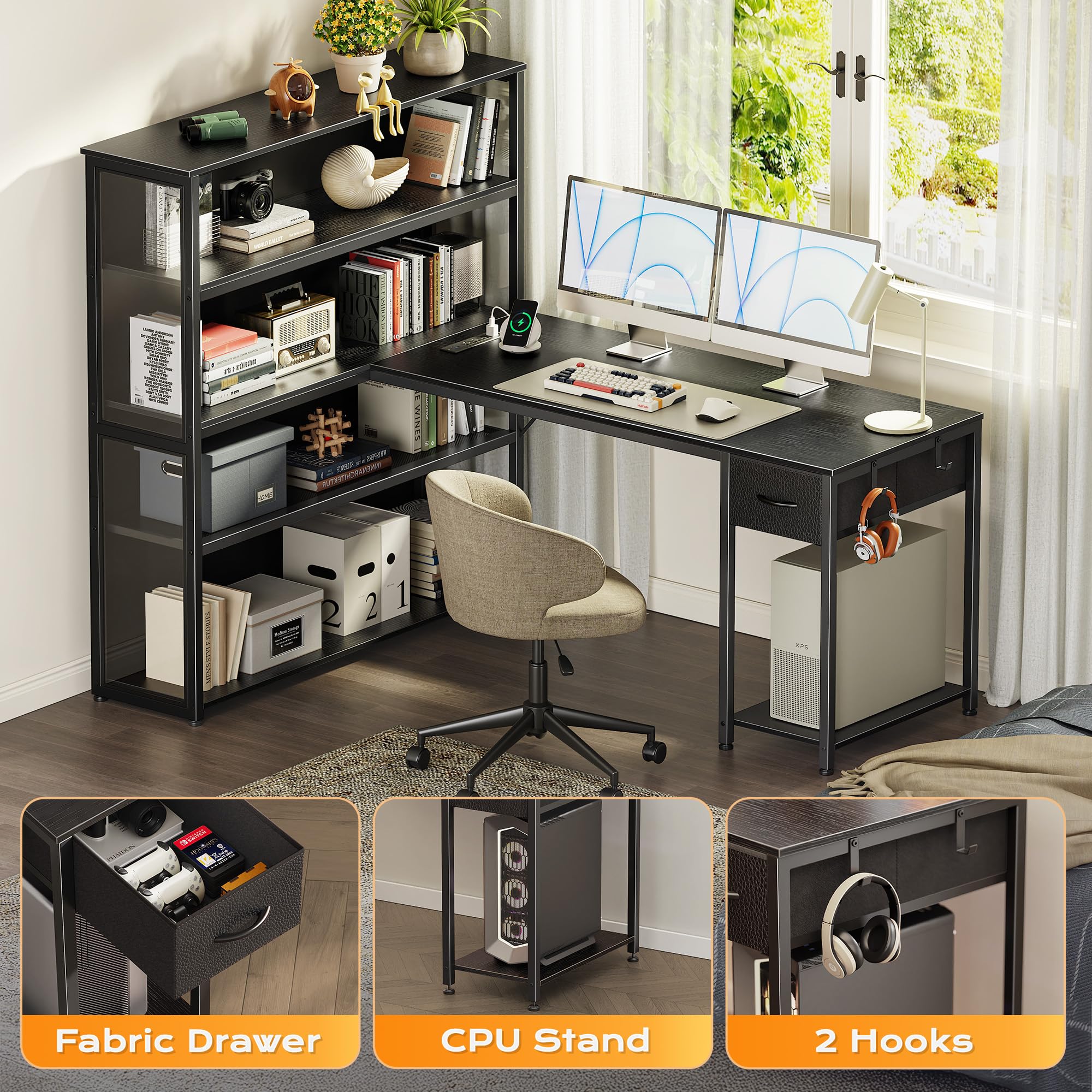 PRAISUN 57 Inch L Shaped Gaming Computer Desk with Larger Open Cabinet, Reverisble Office Desk with Power Outlets, LED Lights, Work Desk, Fabric Drawer, Adjustable Wood and Mesh Shelf, Black