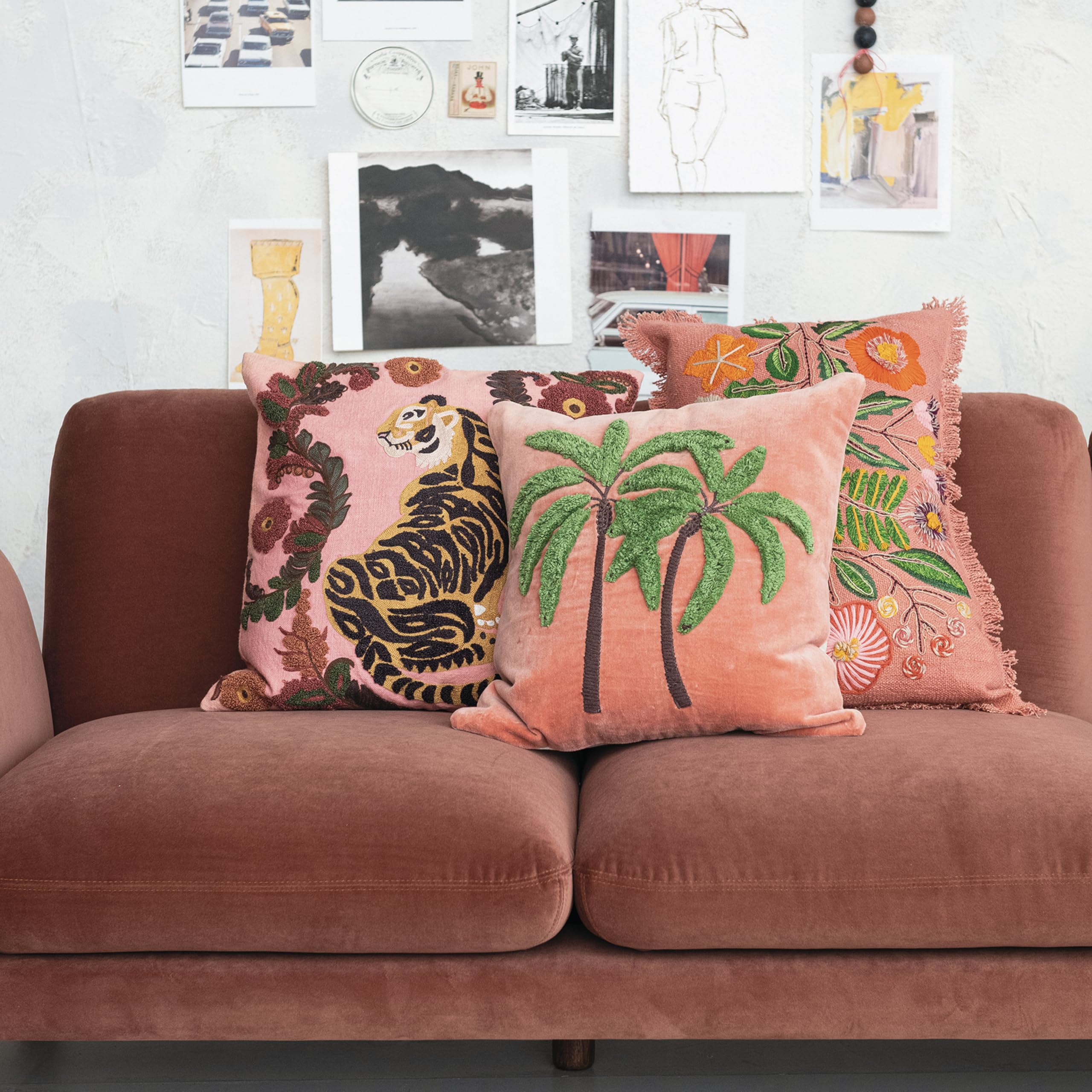 Creative Co-Op Embroidered Tiger and Flowers Cotton Slub Pillow, Multicolor