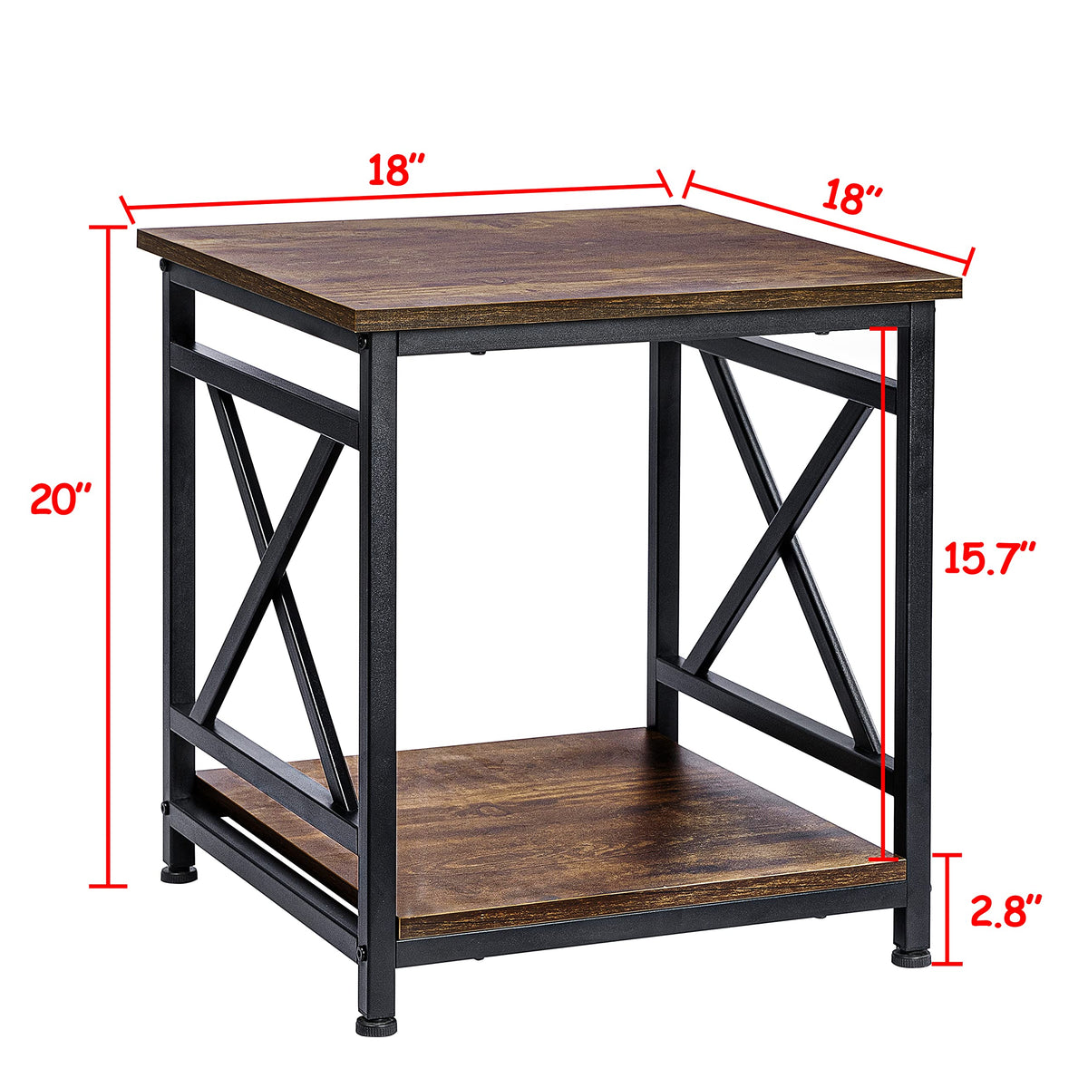 KSWIN Industrial End Table, 18" Square Side Table with 2-Tier Storage Shelf, X-Design Metal Frame, Rustic Brown Nightstand Bedside Table for Living Room, Bedroom