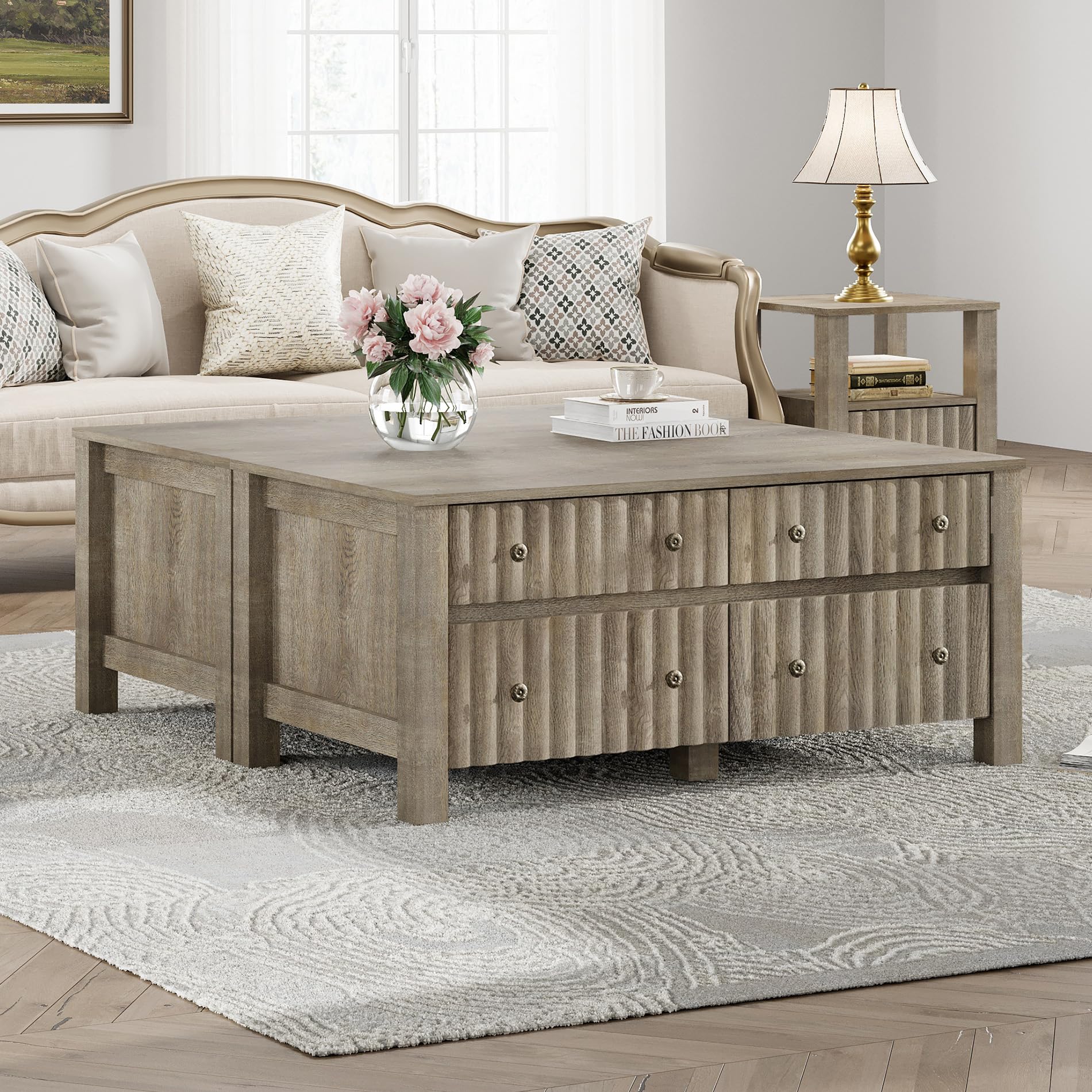 WAMPAT 2 Pack Modern Coffee Table, Rectangle Coffee Table with Sliding Storage Drawers, Center Table with Thick Wood Legs for Living Room, Vintage Grey