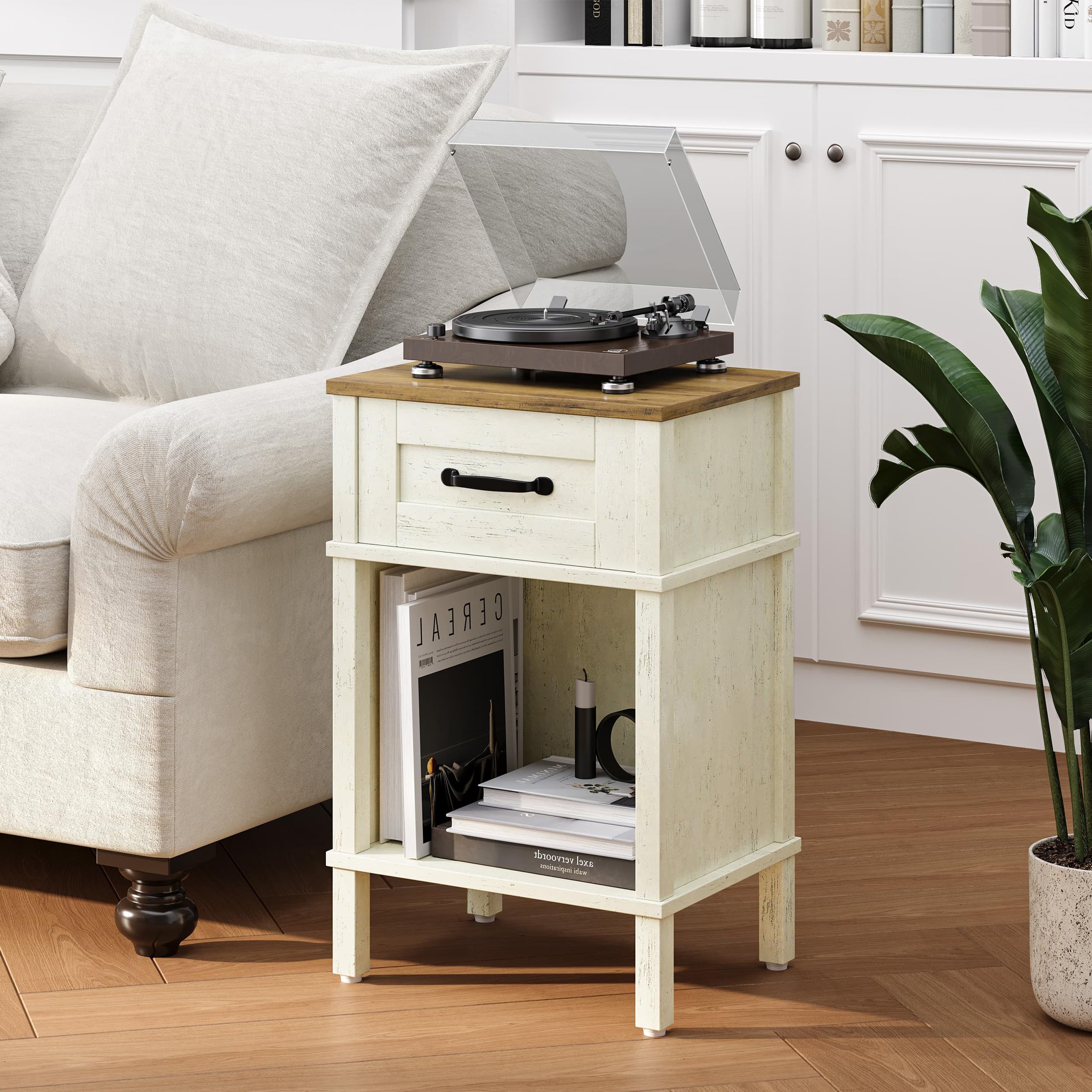 YAUKTAK White Farmhouse Nightstand with Drawer, Small Wooden Bedside Table, White End Table, Bedroom Side Table with Storage, Rustic Wood Night Stand LET512WR