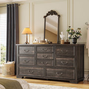 EnHomee Farmhouse 9 Drawer Dresser for Bedroom, 52" Wooden Dresser with Vintage Design, Hallway, 15.6" D x 52" W x 36" H Dark Rustic Oak