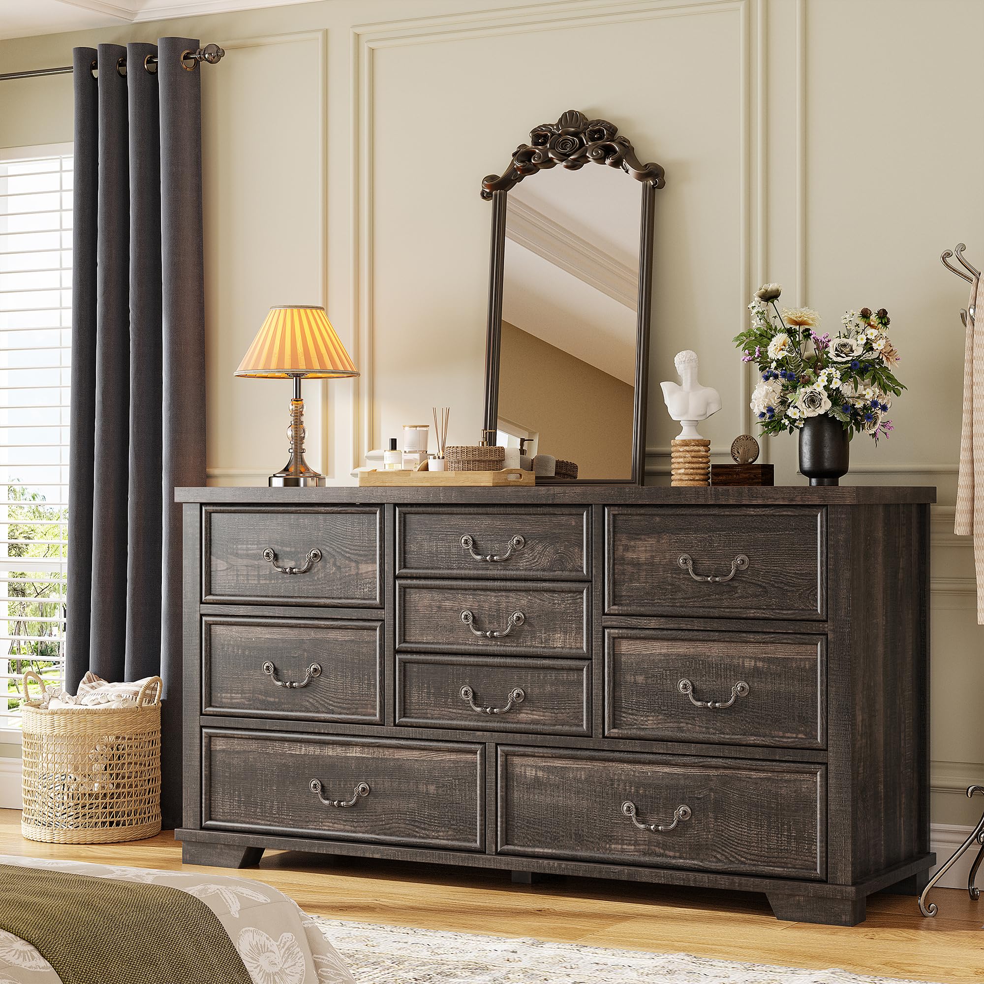 EnHomee Farmhouse 9 Drawer Dresser for Bedroom, 52" Wooden Dresser with Vintage Design, Hallway, 15.6" D x 52" W x 36" H Dark Rustic Oak