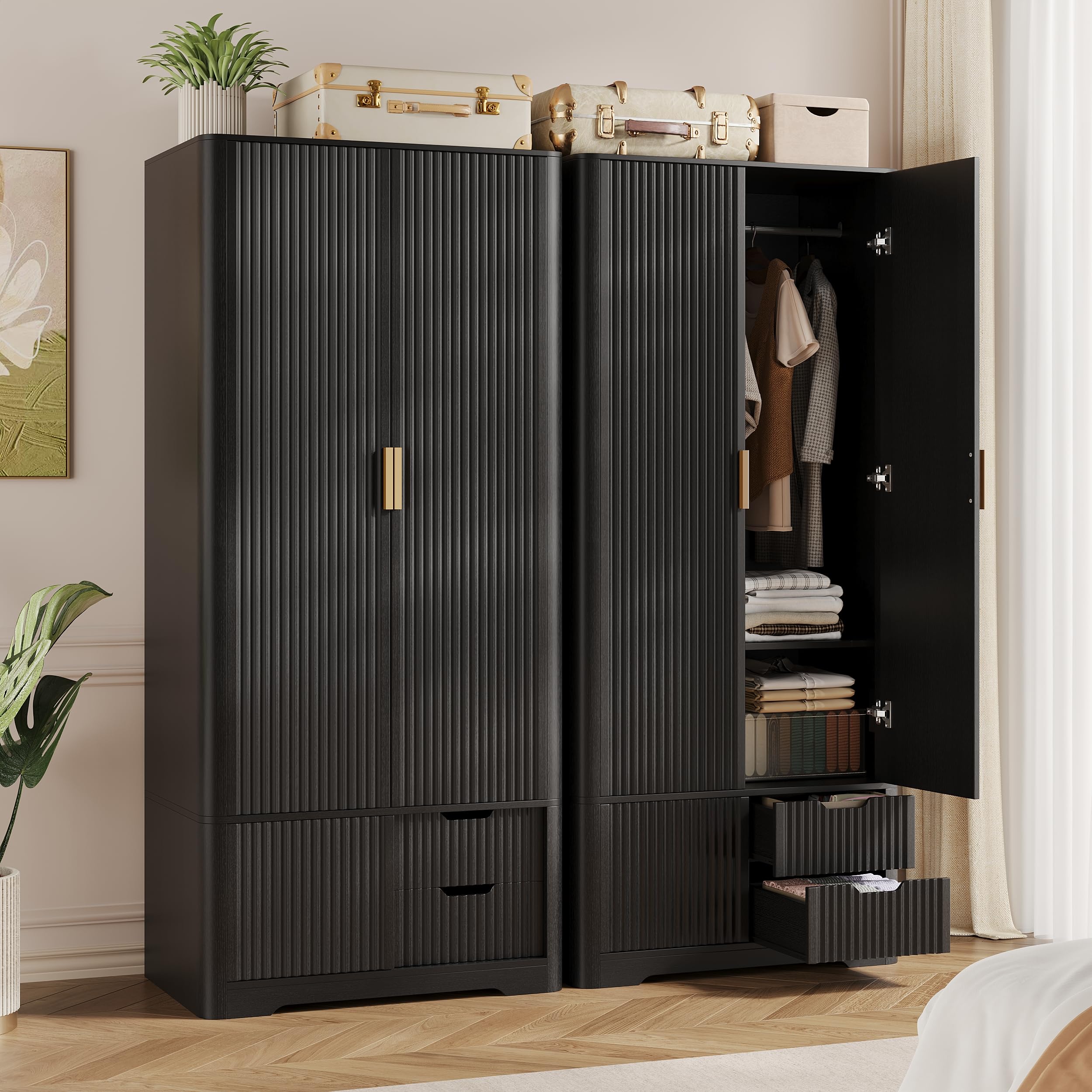 Vabches 71” Tall Armoire Wardrobe Closet with 2 Drawers and Shelves, Large Wooden Wardrobe Cabinet with Hanging Rod, Sliding Cabinet, Modern Fluted Clothing Storage Cabinet for Bedroom, Black