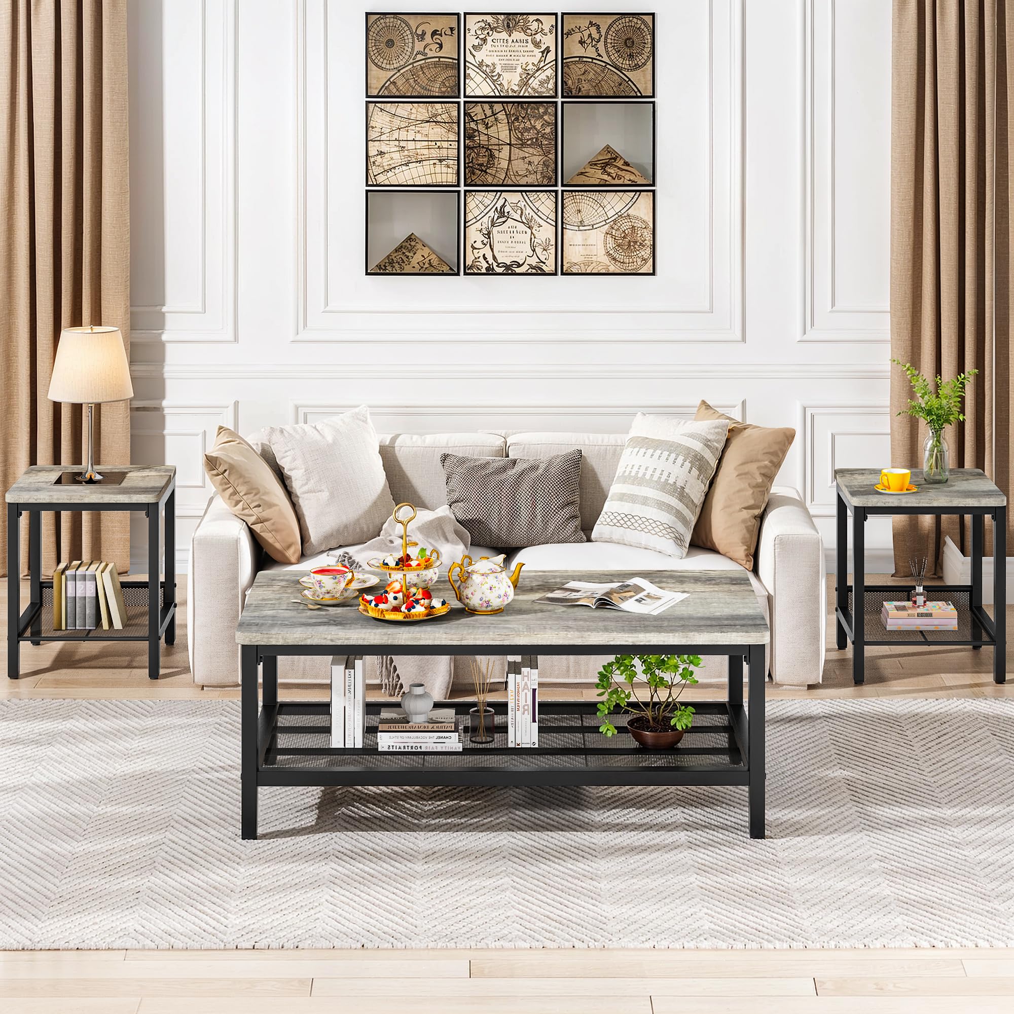 Industrial 3-Piece Coffee Table Set with 2 End Tables