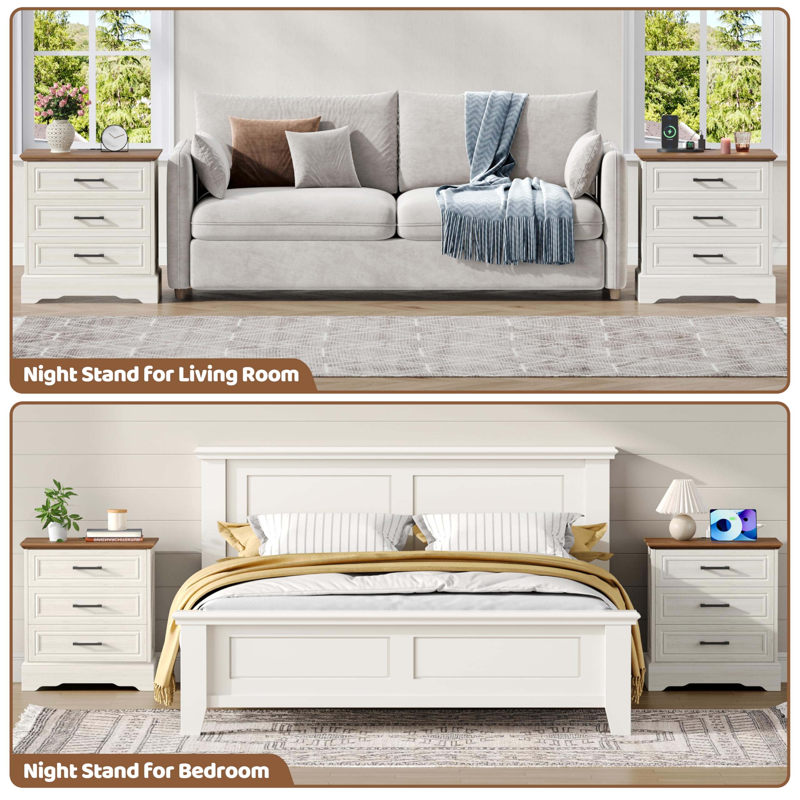 Akxomel Farmhouse Nightstand with Charging Station, 22" Wide Bedside Table with 3 Large Drawers & Bar Handles, Side End Table with Stable Support Base, for Bedroom, Off White