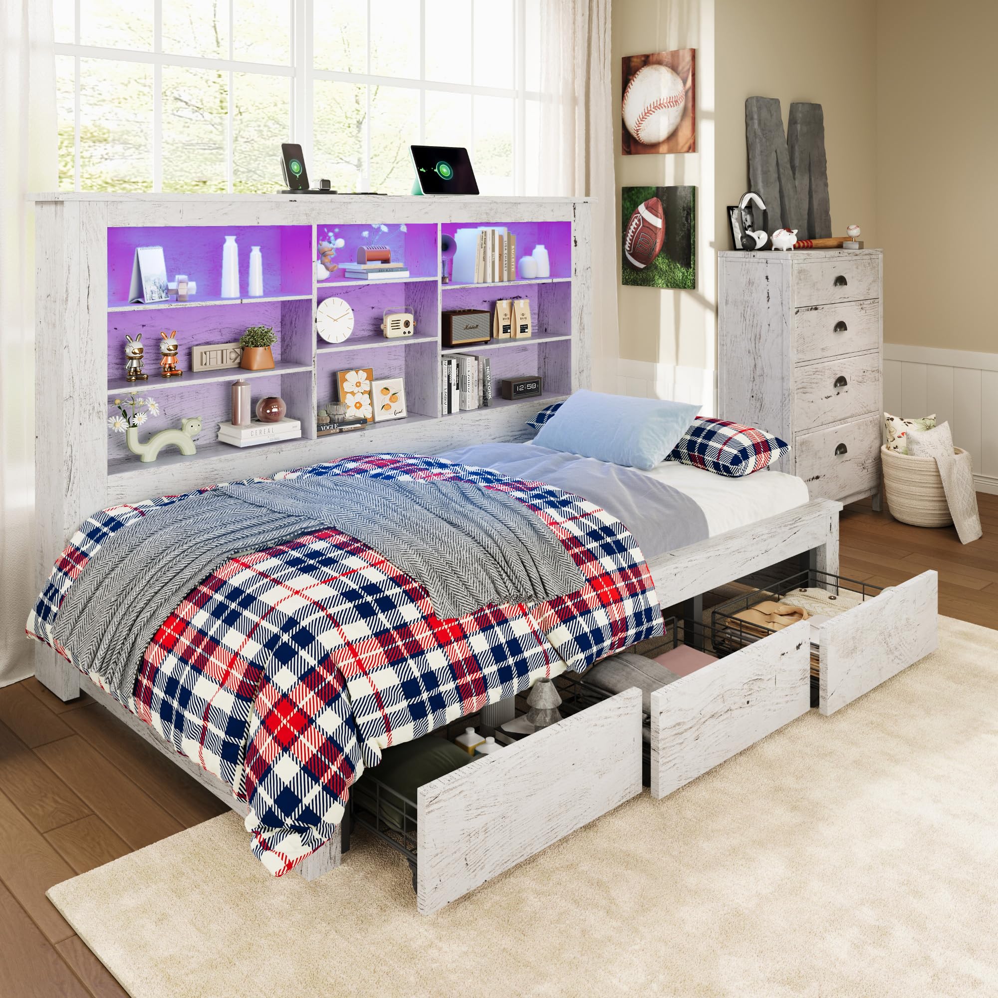 Twin Storage Daybed with Bookcase Headboard, USB Charging & RGB LED Lights