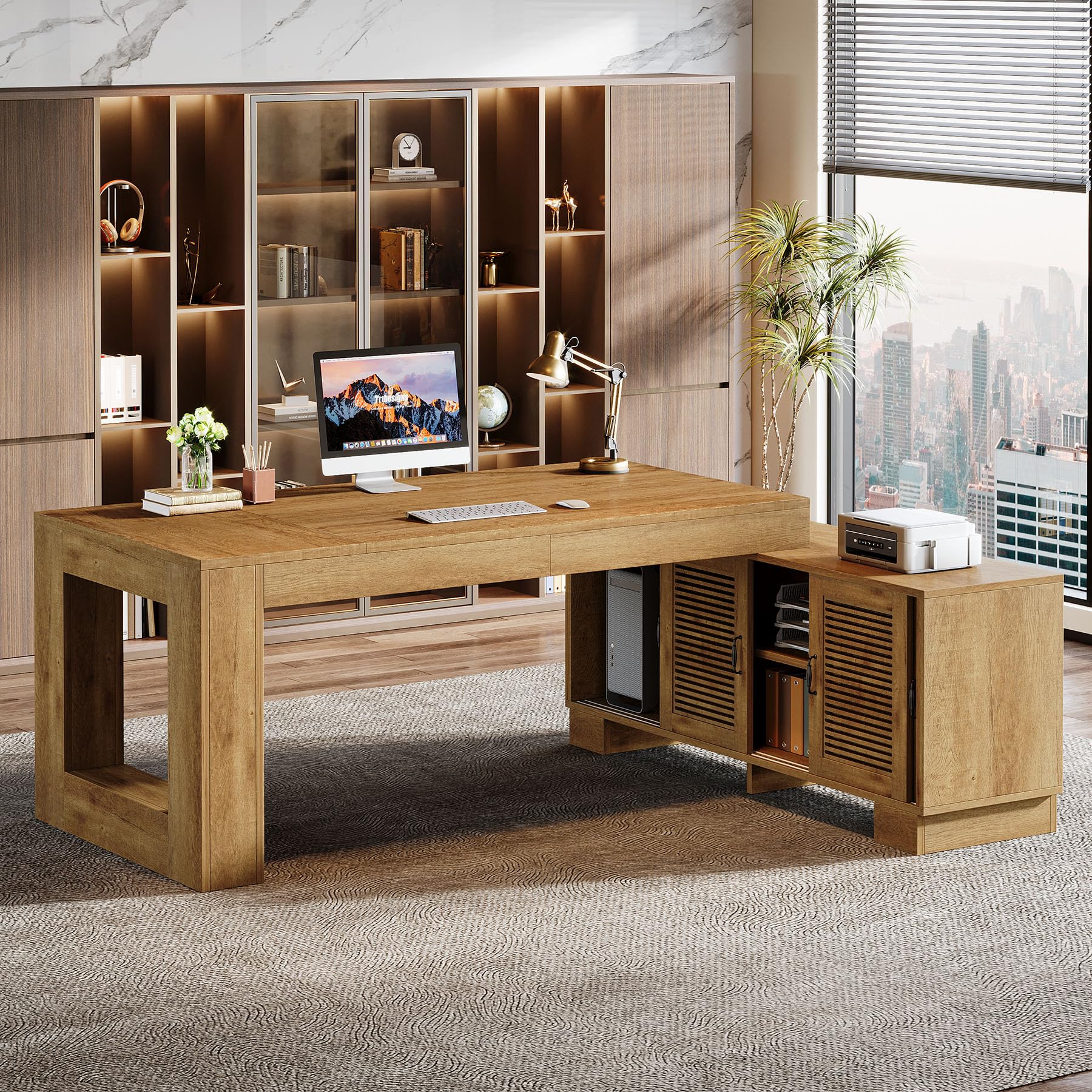 L-Shaped Executive Desk with Storage Cabinets & 2-Tier Shelf