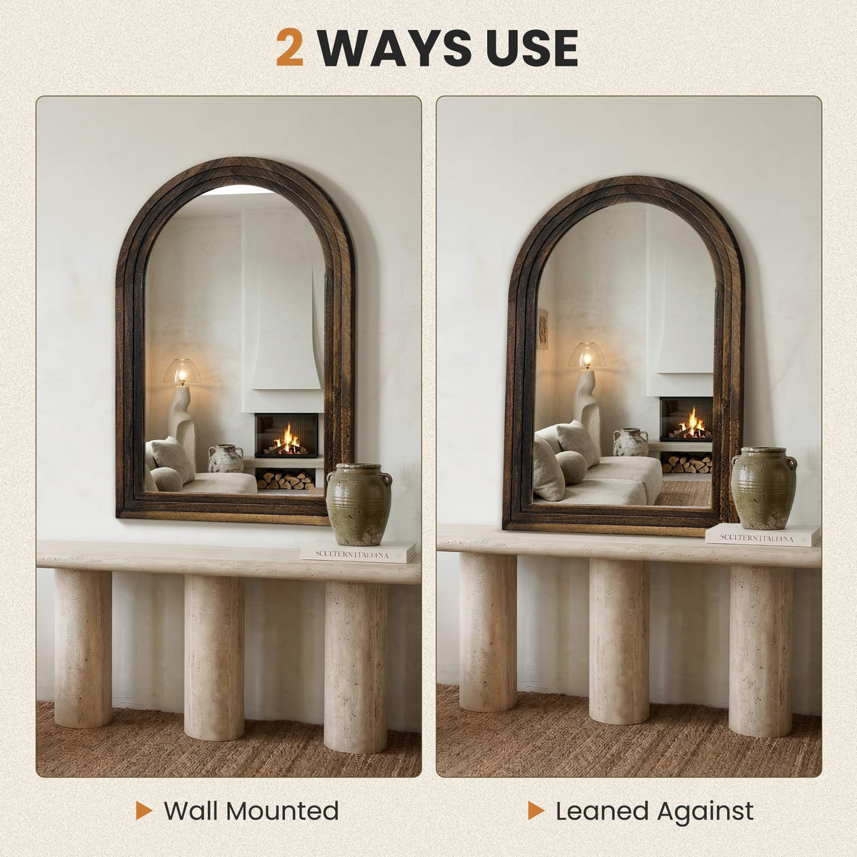 Arched Brown Wood Wall Mirror
